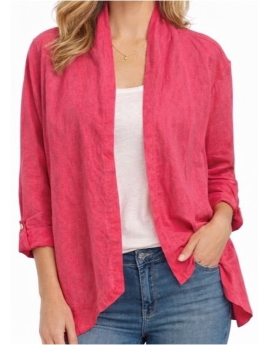 CHICO’S 100% Linen Open Front Drape Jacket in Pink